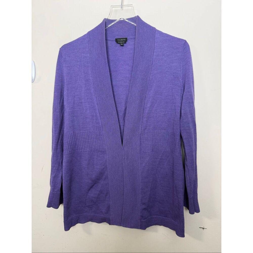 Talbots Purple 100% Merino Wool Cardigan Sweater Women’s Medium Open Front Class